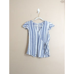 Old Navy Womens Linen Blend Wrap Top Size XS Blue White Striped Coastal Nautical